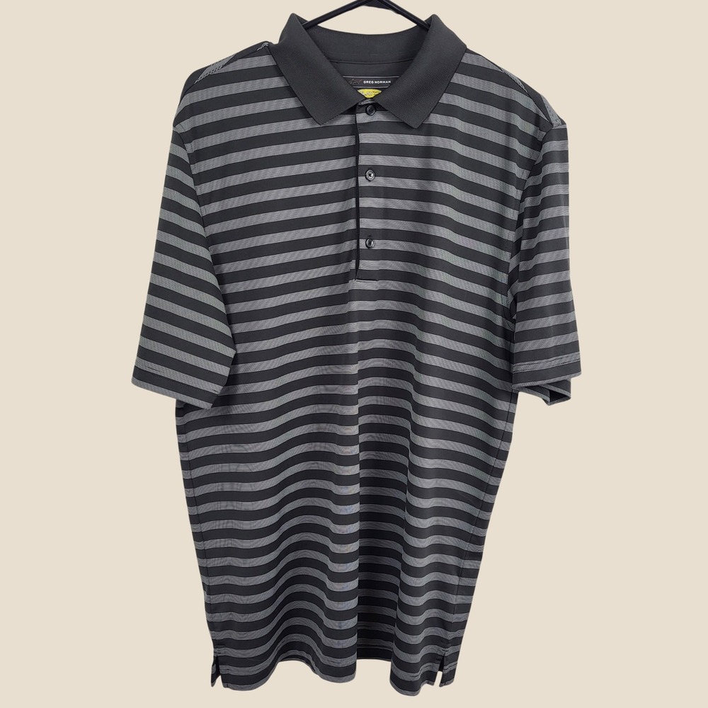 Greg Norman Play Dry‎ Polo Shirt Mens Large Gray Black Striped Golf Performance